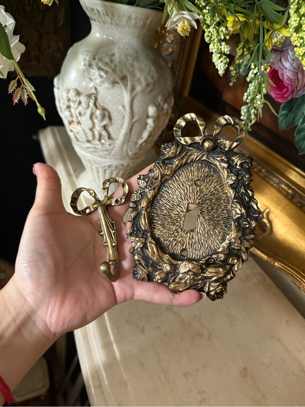 Unique Vintage Gold Ribbon Motif Switch Plate and Key Escutcheon